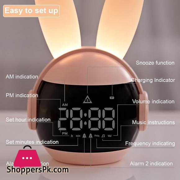Kids Alarm Clock for Kids, Bunny Alarm Clocks for Girls Boys, Pink Kid Alarm Clock with Ringtones & Night Light Rechargeable Snoozing