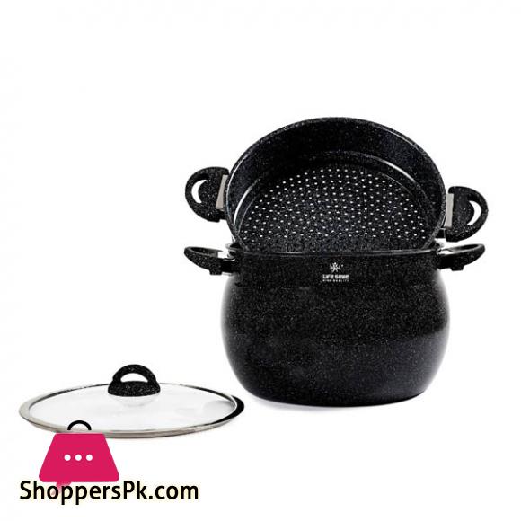 LIFE SMILE Steamer Pot 8 Liter - Steaming Cookware Couscoussier with Tempered Glass Lid- 2 Tier Steaming Pot Granite Coating Stock Pot- Induction Bottom - Dishwasher Safe 24 CM 8 Liters