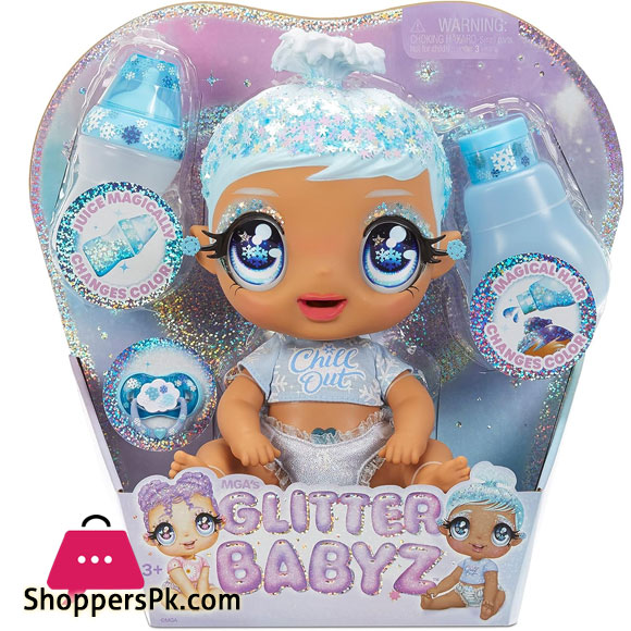 MGAs Glitter BABYZ January Snowflake Baby Doll with 3 Magical Color Changes Blue Hair, Winter Snowflakes Outfit, Diaper, Bottle, Accessories- Gift for Kids, Toy for Girls Boys Ages 3 4 5+ Years Old