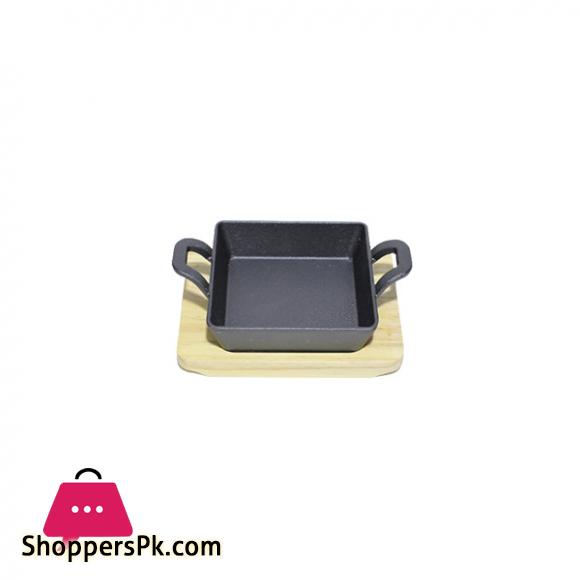 Mini Square 12.5CM Sizzling Plate With Handle And Wooden Base