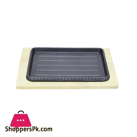 Rectangle Cast Iron Skillet Frying Pan with Wooden Base