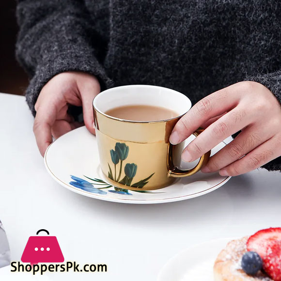 Creative Reflection Ceramic Coffee Cup Electroplating Mirror Cup Saucer Rose 1-Pcs