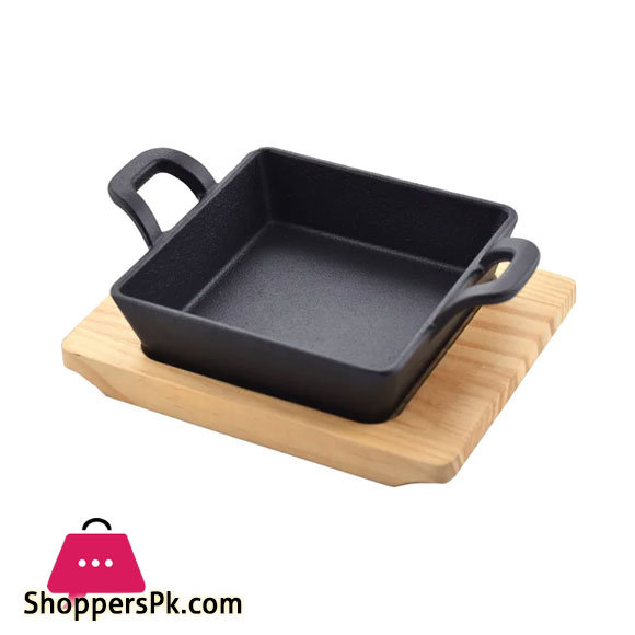 Mini Square 12.5CM Sizzling Plate With Handle And Wooden Base