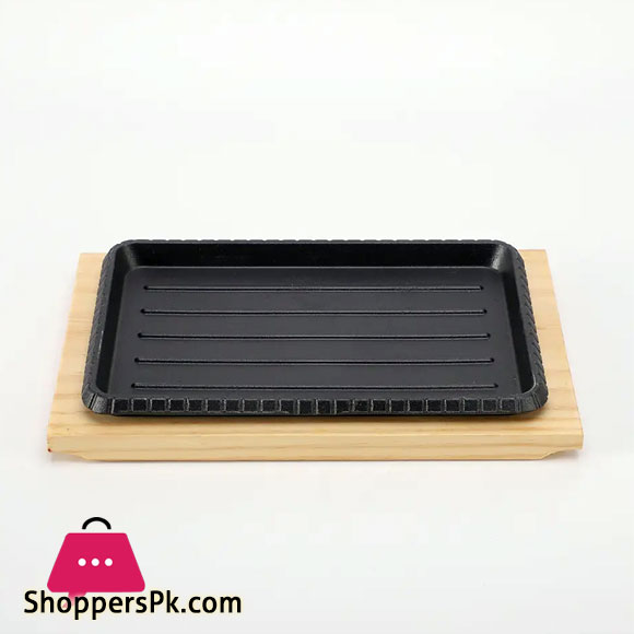 Rectangle Cast Iron Skillet Frying Pan with Wooden Base