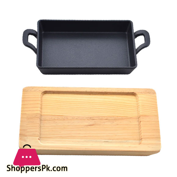 Sizzling Plate Rectangular With Handle And Wooden 16 x 11 Inch