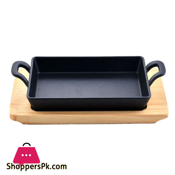 Sizzling Plate Rectangular With Handle And Wooden 20 x 12 Inch