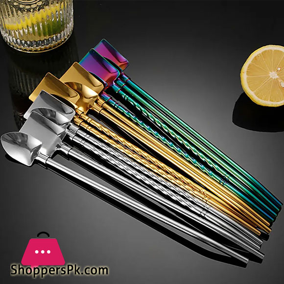 2 in 1 Zoows Spoon Creative Stainless Steel Reusable Straw Spoon Pack of 3