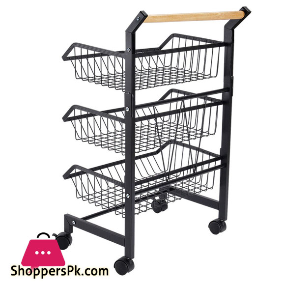 3 Tier Fruit Vegetable Storage Basket Rolling Cart with Handle and Wheels, Black