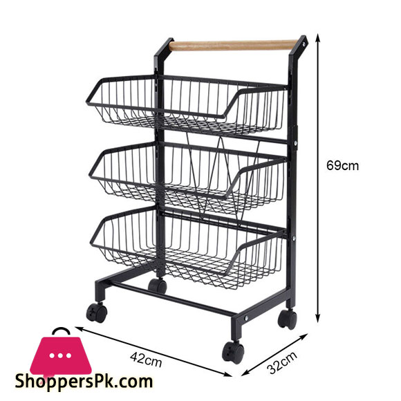 3 Tier Fruit Vegetable Storage Basket Rolling Cart with Handle and Wheels, Black