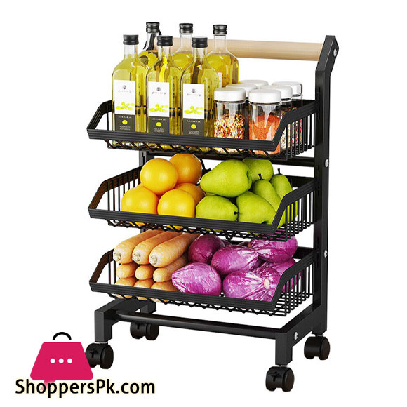 3 Tier Fruit Vegetable Storage Basket Rolling Cart with Handle and Wheels, Black