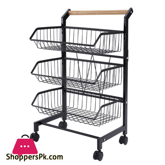 3 Tier Fruit Vegetable Storage Basket Rolling Cart with Handle and Wheels, Black