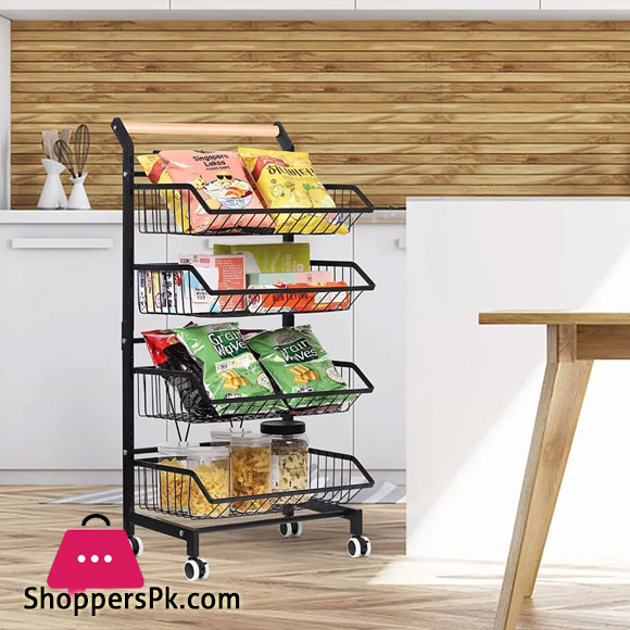 4 Tier Fruit Vegetable Storage Basket Rolling Cart with Handle and Wheels, Black