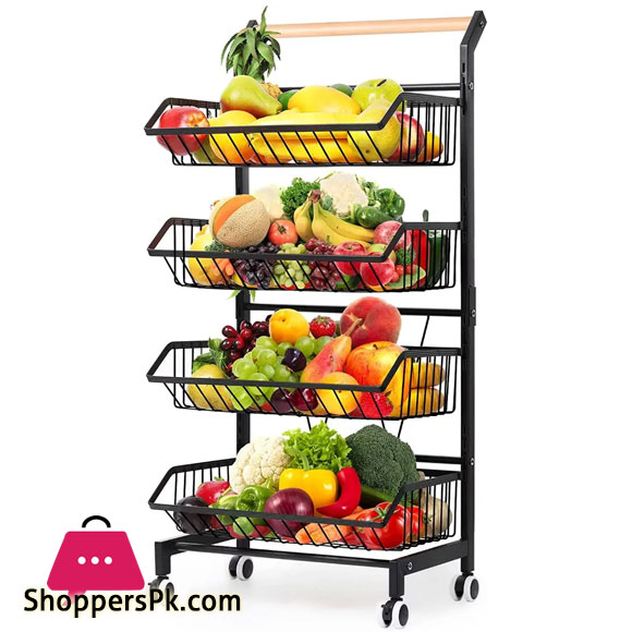 4 Tier Fruit Vegetable Storage Basket Rolling Cart with Handle and Wheels, Black