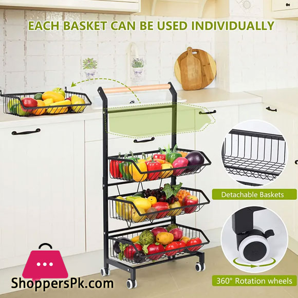 4 Tier Fruit Vegetable Storage Basket Rolling Cart with Handle and Wheels, Black