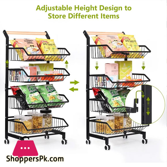 4 Tier Fruit Vegetable Storage Basket Rolling Cart with Handle and Wheels, Black
