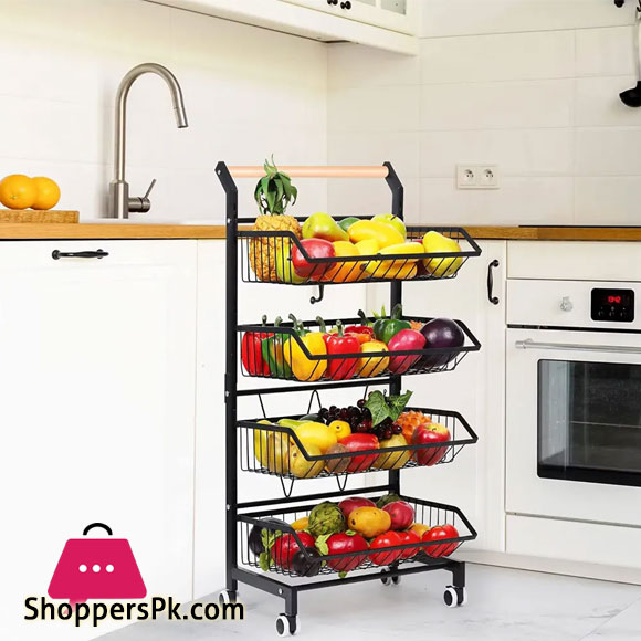 4 Tier Fruit Vegetable Storage Basket Rolling Cart with Handle and Wheels, Black