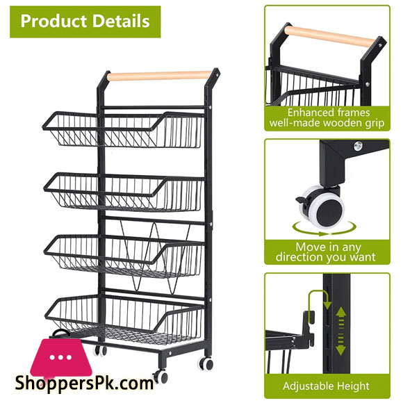 4 Tier Fruit Vegetable Storage Basket Rolling Cart with Handle and Wheels, Black