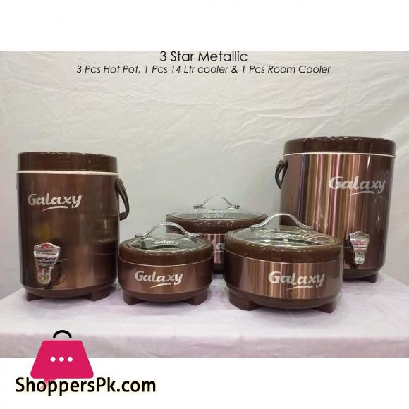 5 Pcs Galaxy set 3 Star Hot Pot Set Stainless Steel Inner Bowl - Glass Lid - 14 Litre Water Cooler Plus small Room Cooler 4.0 litre