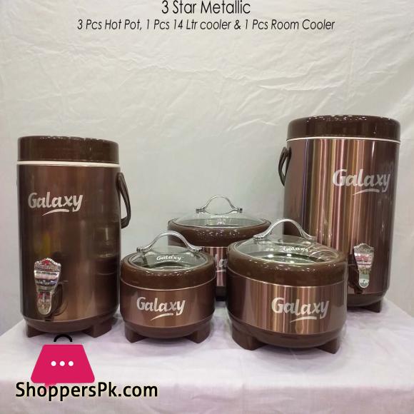 5 Pcs Galaxy set 3 Star Hot Pot Set Stainless Steel Inner Bowl - Glass Lid - 14 Litre Water Cooler Plus small Room Cooler 4.0 litre