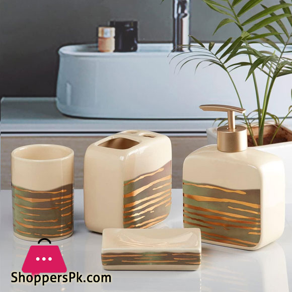 Ceramic Bathroom Accessories Set of 4, Modern Ceramic Bath Set with Liquid Soap Dispenser and Toothbrush Holder, Bathroom Accessory