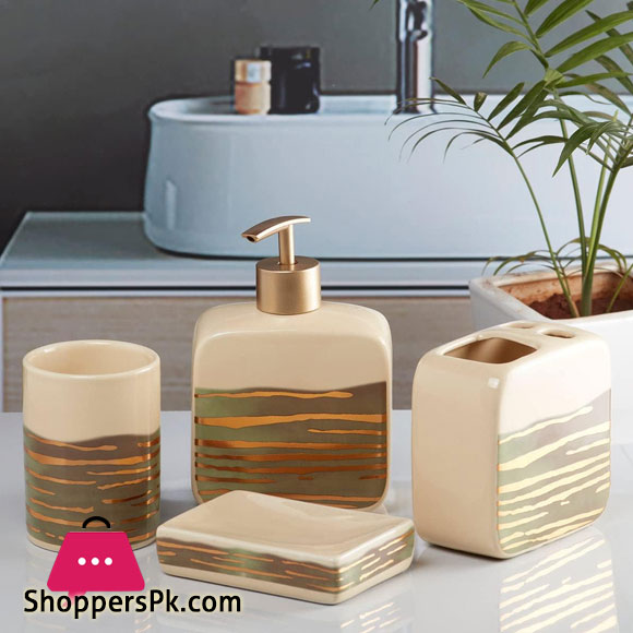 Ceramic Bathroom Accessories Set of 4, Modern Ceramic Bath Set with Liquid Soap Dispenser and Toothbrush Holder, Bathroom Accessory