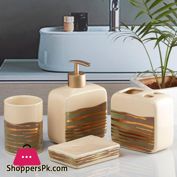 Ceramic Bathroom Accessories Set of 4, Modern Ceramic Bath Set with Liquid Soap Dispenser and Toothbrush Holder, Bathroom Accessory