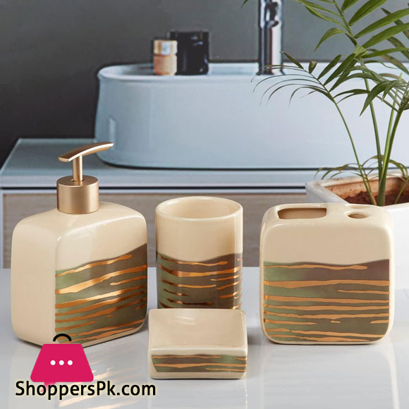 Ceramic Bathroom Accessories Set of 4, Modern Ceramic Bath Set with Liquid Soap Dispenser and Toothbrush Holder, Bathroom Accessory