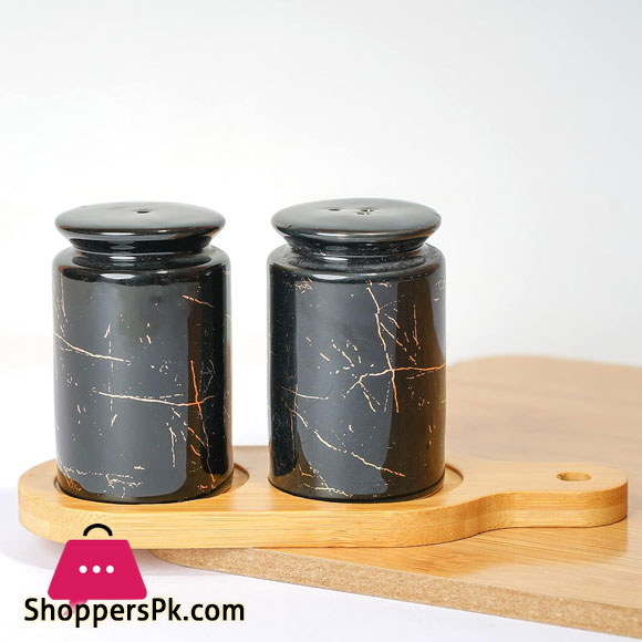Ceramic Abstract Designed Salt and Pepper Shakers with Bamboo Base Set of 2