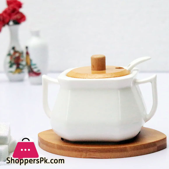 Ceramic Sugar Pot With Spoon-Bamboo Lid And Base