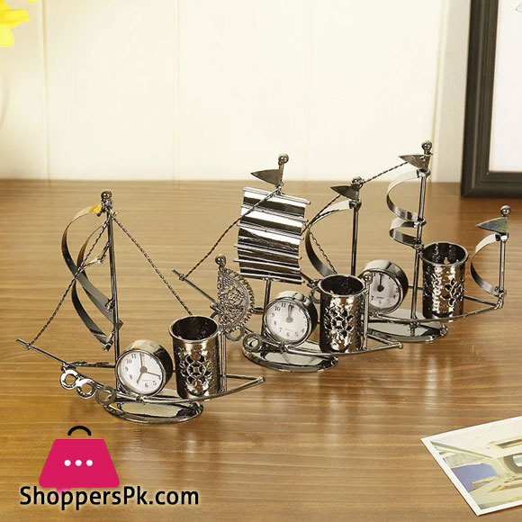 Iron Sailing Model Clock Ornaments Antique Craft Pen Holder Multifunctional Home Decoration Accessories Room Gifts