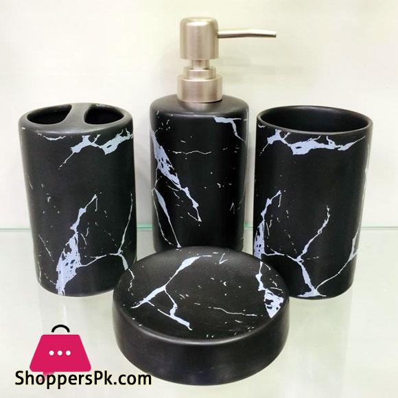Beautiful Marble Design Ceramic 4 Pcs Durable Bath Accessory Set White and Black Color Available