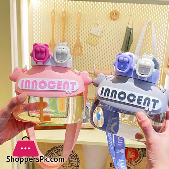 Children Water Bottle Cute Bear Shape Design with Double Drinking Straw Cup Leakproof Outdoor Portable Large Capacity with Lifting Rope For Girls & Boys