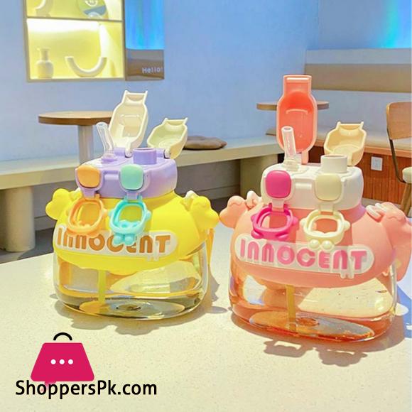 Children Water Bottle Cute Bear Shape Design with Double Drinking Straw Cup Leakproof Outdoor Portable Large Capacity with Lifting Rope For Girls & Boys