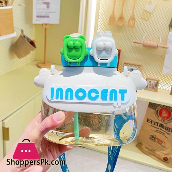 Children Water Bottle Cute Bear Shape Design with Double Drinking Straw Cup Leakproof Outdoor Portable Large Capacity with Lifting Rope For Girls & Boys