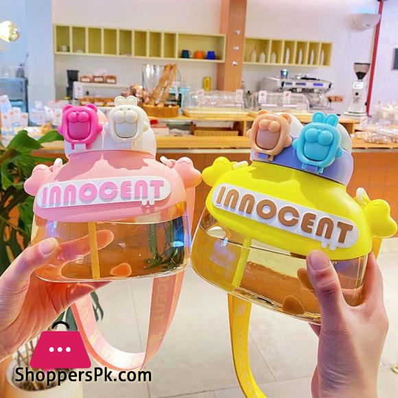 Children Water Bottle Cute Bear Shape Design with Double Drinking Straw Cup Leakproof Outdoor Portable Large Capacity with Lifting Rope For Girls & Boys