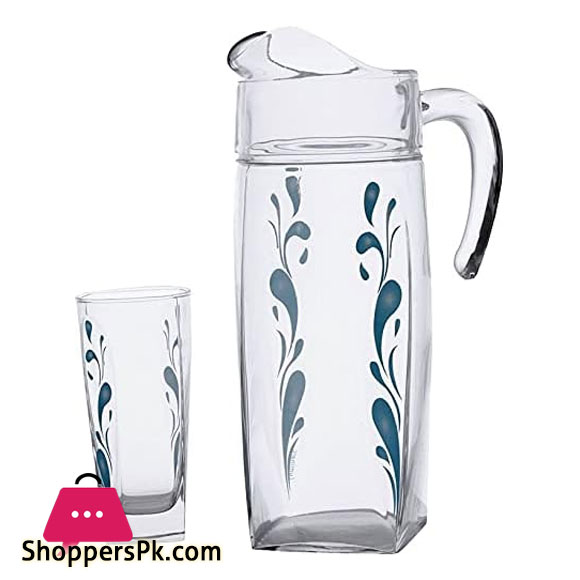 Luminarc 7pcs Flame Sparkle Silver Water Set Turquoise Blue Made UAE