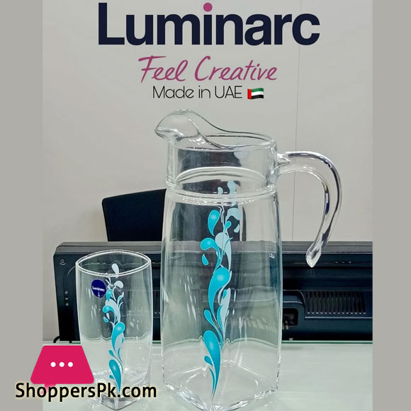 Luminarc 7pcs Flame Sparkle Silver Water Set Turquoise Blue Made UAE