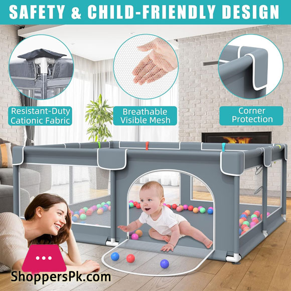Shopino Baby Playpen Kids Large Playard Ball Pit Indoor & Outdoor Kids Activity Center Infant Safety Gates with Breathable Mesh Sturdy Play Yard for Toddler Portable Childrens Fences - 5.9 feet x 4.92 feet