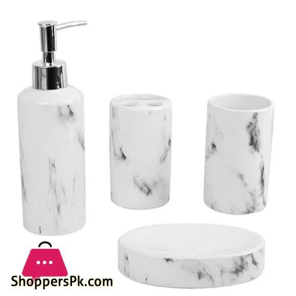 Beautiful Marble Design Ceramic 4 Pcs Durable Bath Accessory Set White and Black Color Available