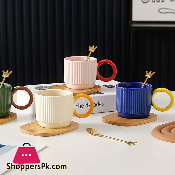 Ceramic Cup Womens Office Coffee Cup with Bamboo Saucer with Spoon MG-202