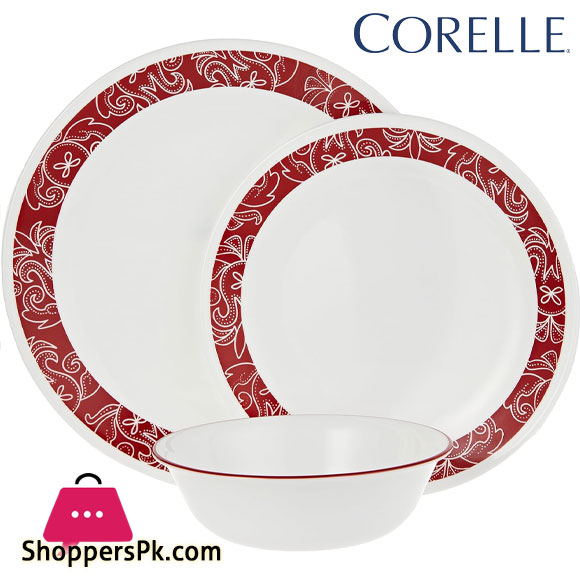 Corelle 18-Piece Vitrelle Glass Bandhani Chip and Break Resistant Dinner Set, Red