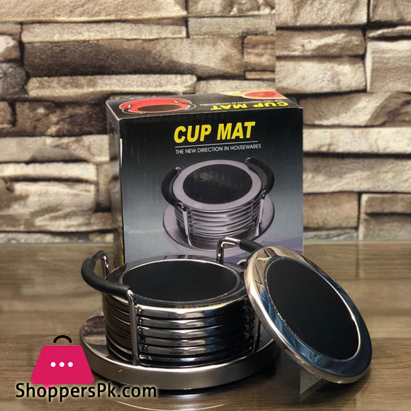 Non-Slip Leather Coasters Set of 6 With Metal Holder Drinks Cup Mat Pad Round