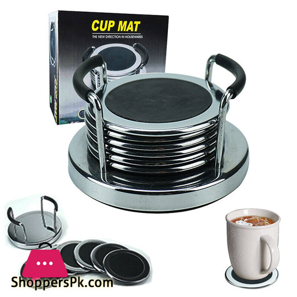 Non-Slip Leather Coasters Set of 6 With Metal Holder Drinks Cup Mat Pad Round