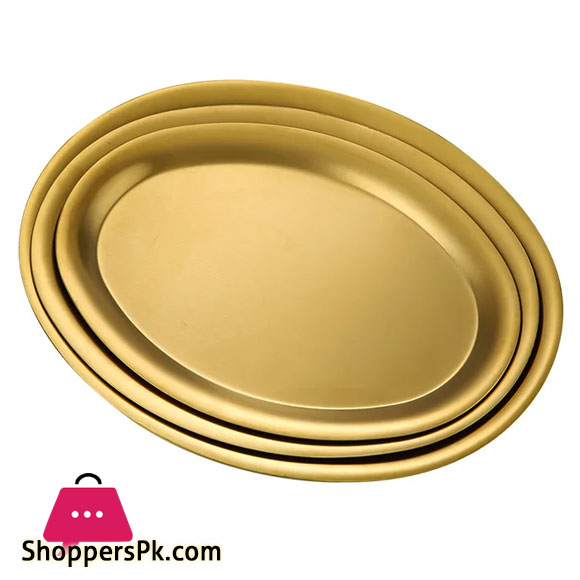 Stainless Fish Dish Korean Style Dan Shaped BBQ Dish Golden Oval Tray Flat Snack Dish 15 x 25 CM