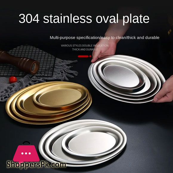 Stainless Fish Dish Korean Style Dan Shaped BBQ Dish Golden Oval Tray Flat Snack Dish 23 x 39 CM
