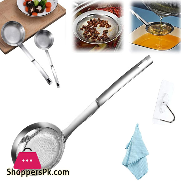 Stainless Steel Fine Mesh Straine Colander Fine Mesh Sieve, Foam Skimmer Oil Filter Spoon Long Handle Stainless Steel Fry Jhara 18CM