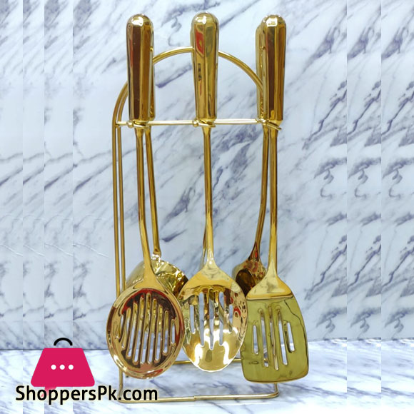 Stainless Steel Heavy Gauge Golden Kitchen Sets Cooking Spoon Set of 7 Size 15Inch