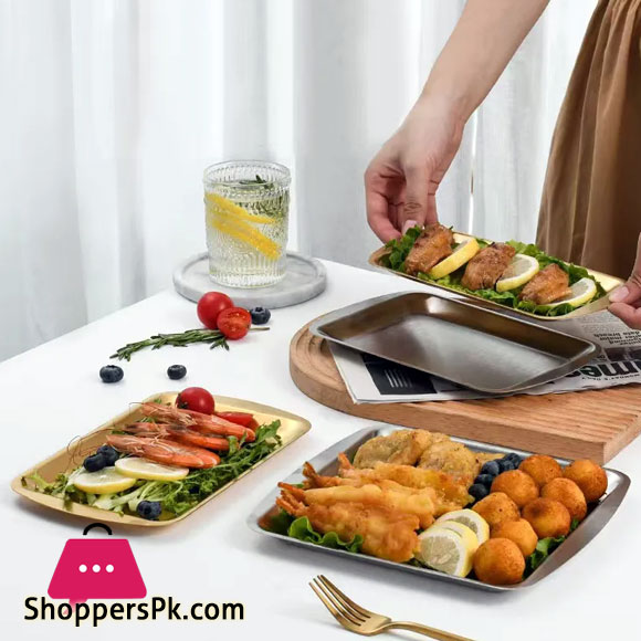 Stainless Trays BBQ Flat Dish Bread Pastry Baking Fruit Vegetable Serving Plate 24 x 11-CM