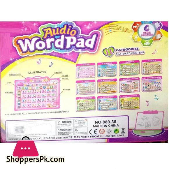Audio Word Pad 889-35 Whiteboard with duster and marker just press to call alphabet letter number animal fruits titles necessary national flags colors and shapes transport stationery food and vegetables best gift flash card School teachers & Parents