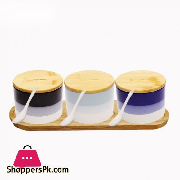 Danny Home Wood Lid 3 Piece Jar Set with Tray and Spoon T04-58